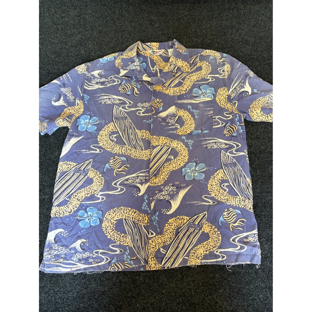 Vintage Structure Mens Blue Tropical Surfboard Print Cotton Button Down Shirt L
